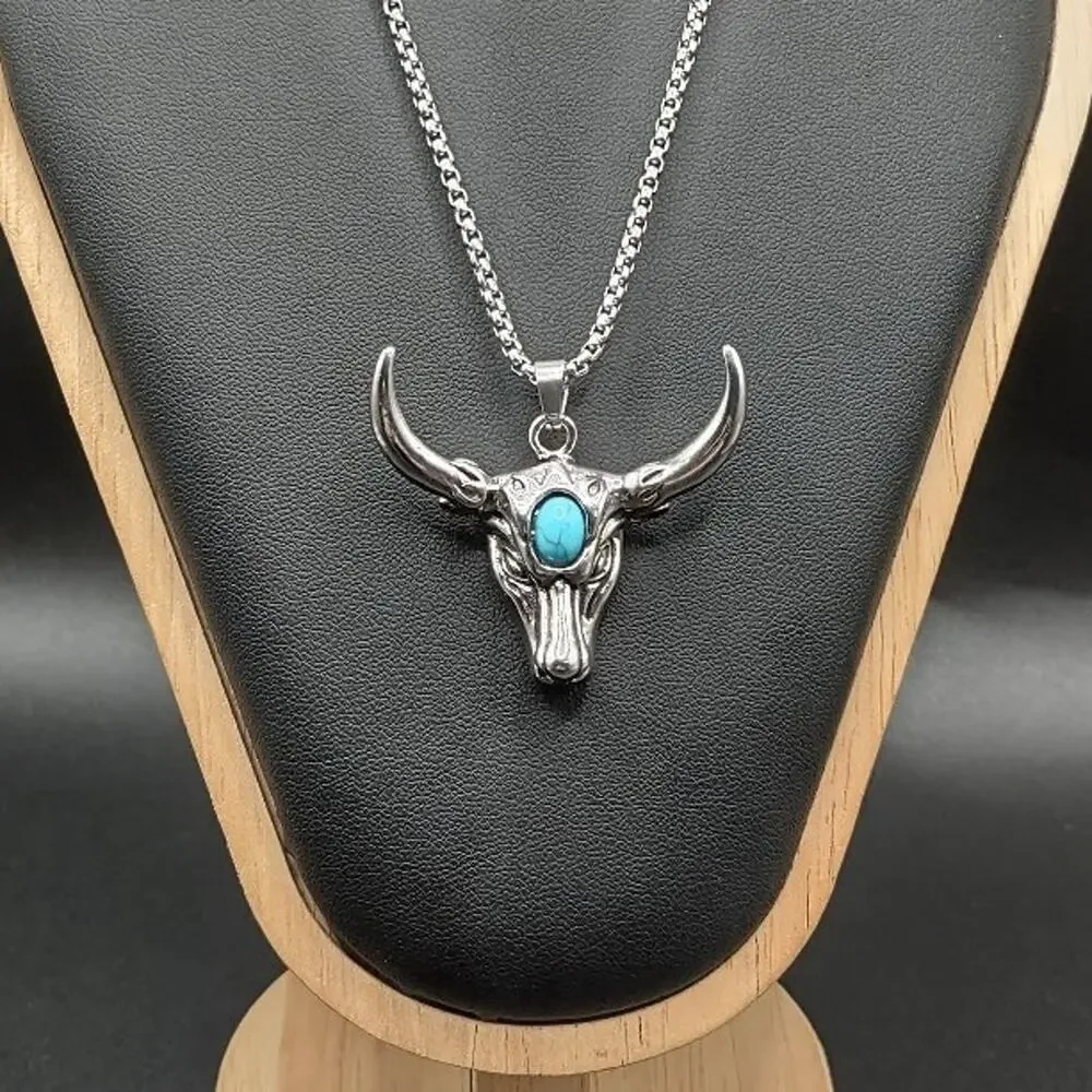 Longhorn Turquois Cattle Bull Necklace Stainless Western Fashion Birthday Gift